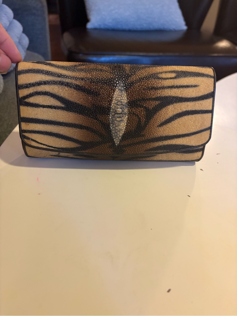 Vintage Stingray leather wallet featuring a hand-painted tiger stripe pattern